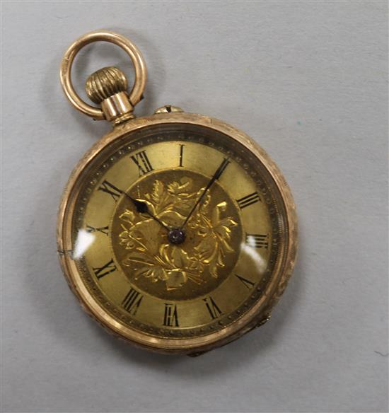 A 12ct gold fob watch with yellow Roman dial.